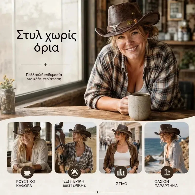 🤠Απολαύστε τώρα έκπτωση 50%! 🌟Ρετρό καπέλο καουμπόη με φαρδύ γείσο και λουράκι κουκούλας - Φεντόρα σε στιλ Western με φθαρμένη όψη