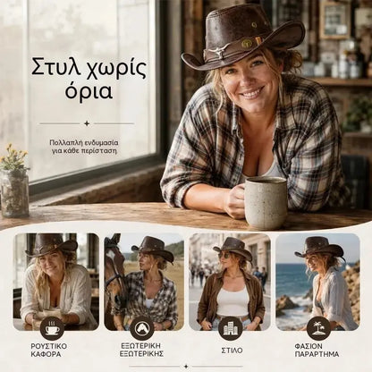 🤠Απολαύστε τώρα έκπτωση 50%! 🌟Ρετρό καπέλο καουμπόη με φαρδύ γείσο και λουράκι κουκούλας - Φεντόρα σε στιλ Western με φθαρμένη όψη