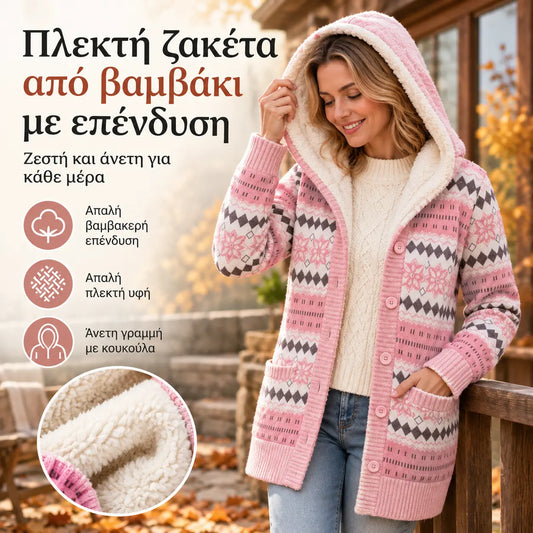 ⏰ΜΟΝΟ ΓΙΑ ΣΗΜΕΡΑ! ΈΚΠΤΩΣΗ 50%⏰ Γυναικείο πλεκτό πουλόβερ μεσαίου μήκους, με βαμβακερή επένδυση και κουκούλα
