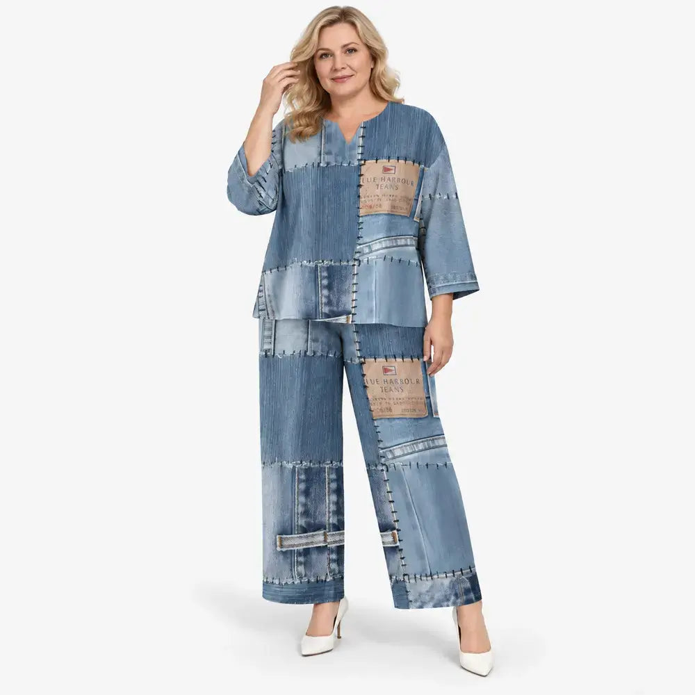 👗 Γυναικείο σετ μόδας με τζιν print σε φαρδιά γραμμή — Άνετο και casual, μοντέρνο στυλ, κολακευτικό, ιδανικό για καθημερινή χρήση ✨