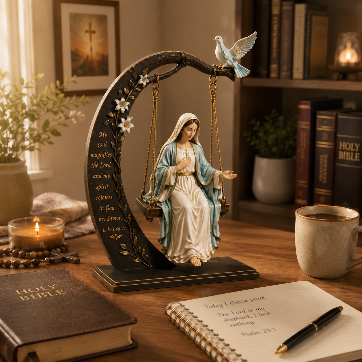 2 za 99 zł.✝️ Ozdoba na kołyskę Matki Boskiej – Łk 1,46–47 Dekoracja stołu wiary | Figurka Matki Boskiej modlącej się z gołębicą i półksiężycem – dekoracja domu