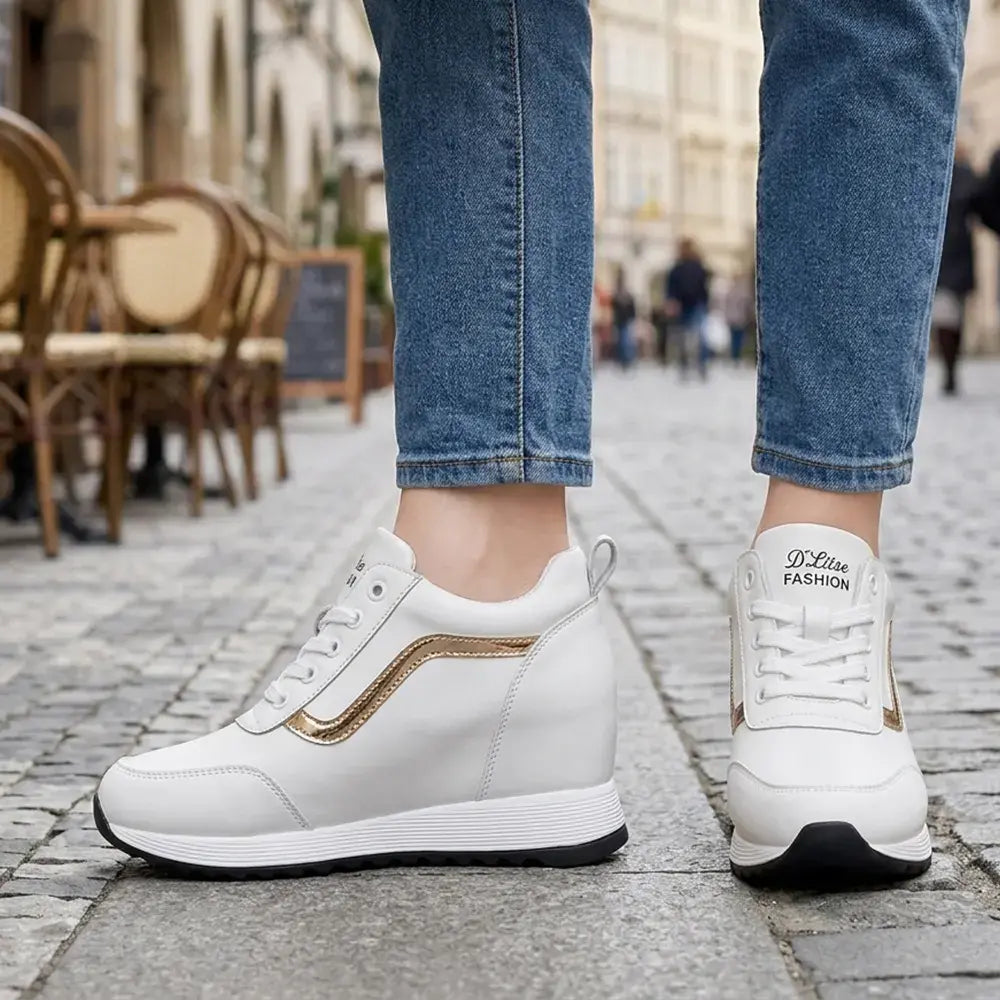 👠Damskie trampki na platformie z ukrytym klinem – skórzane buty codzienne w stylu koreańskim – gruba podeszwa, wygodne buty sportowe