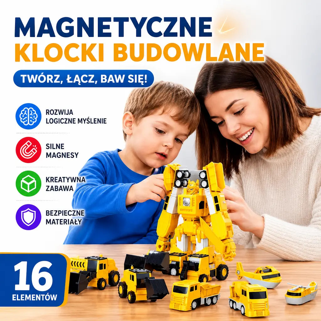 🤖 [Zestaw 16-elementowy] Magnetyczne klocki konstrukcyjne z funkcją transformacji – zabawka edukacyjna