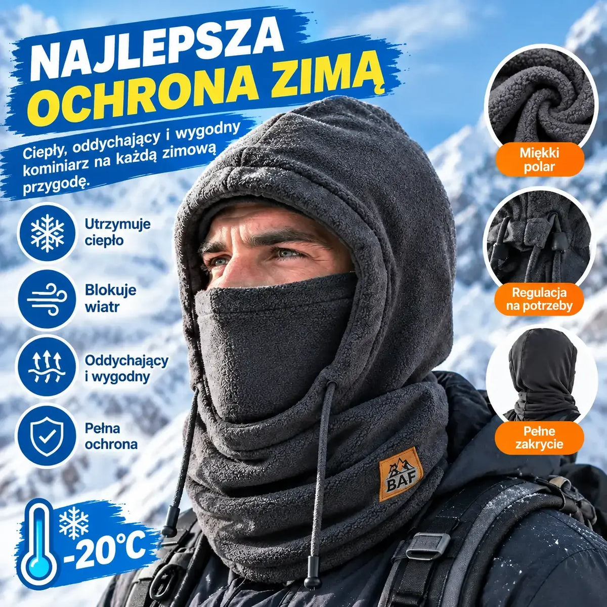 ❄️ Czapka termiczna zapewniająca pełną ochronę, z podszewką z polaru, która utrzymuje ciepło nawet przy temperaturze -20°C. ⛷️ Idealna do jazdy na nartach, na motocyklu oraz do aktywności na świeżym powietrzu.