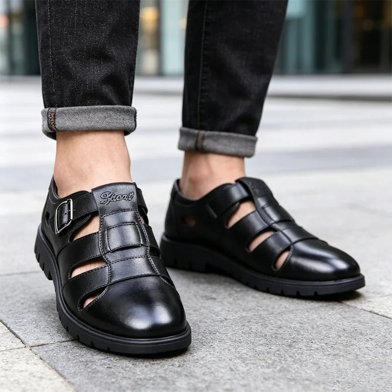 👞Męskie sandały z prawdziwej skóry z wycięciami｜Rozkładane, wygodne i o luksusowym wyglądzie