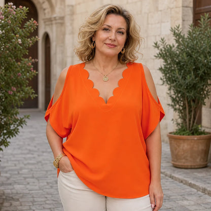 Κομψό πουκάμισο γαλλικού στιλ με γυμνούς ώμους και V-λαιμό – Κούρεμα που κρύβει τις ατέλειες και αναδεικνύει τη σιλουέτα