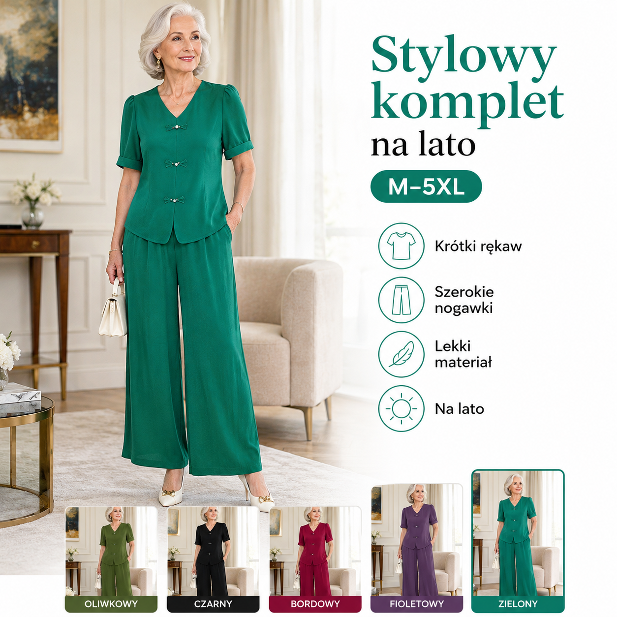 1 zestaw 119 zł🌸【Top + Spodnie z szerokimi nogawkami】Elegancki letni komplet damski 2-częściowy, M–5XL