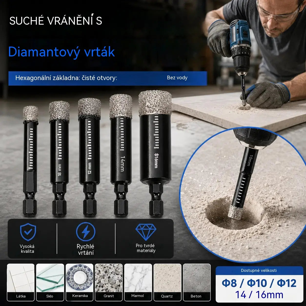 【Černá leštěná bílá hlava 6/8/10/12/14/16 mm】1 sada 530 Kč🔩Sada 6 diamantových vrtáků pro přesné vrtání do dlaždic, keramiky a skla.
