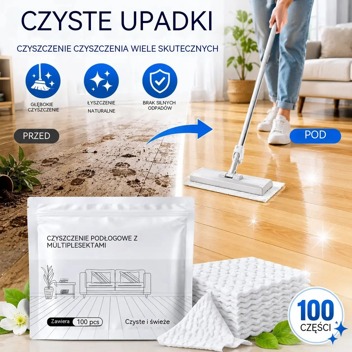 100 sztuk antybakteryjnych i dezodorujących wielofunkcyjnych tabletek czyszczących | Nadaje się do podłóg z twardego drewna, laminowanych, płytek i ścian w kamperach