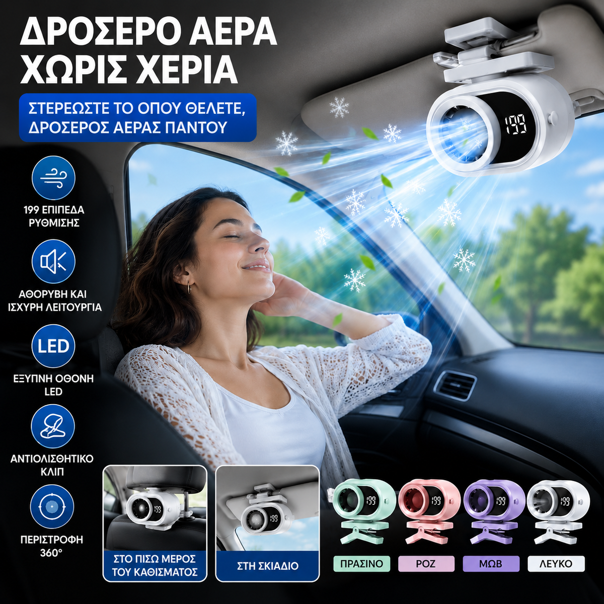 🌀 Ανεμιστήρας hands-free με οθόνη LED, ενσωματωμένο κλιπ και 199 ρυθμιζόμενα επίπεδα