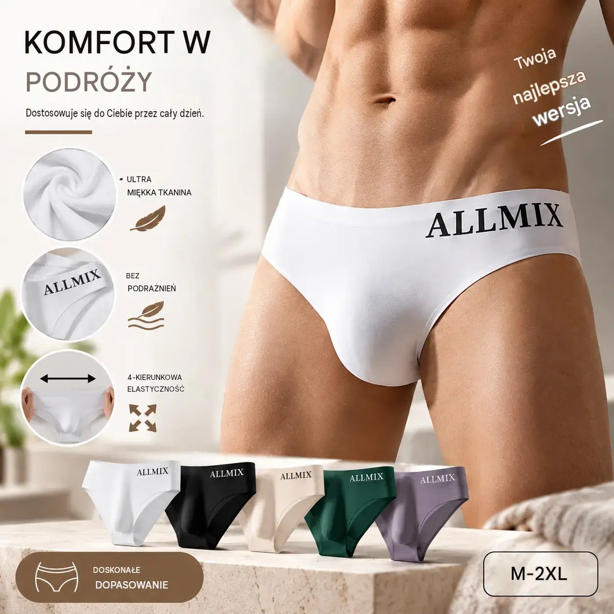 【5 sztuk】 【M-2XL】Nowe męskie bezszwowe majtki z niskim stanem z jedwabiu lodowego - 【50-90 kg】