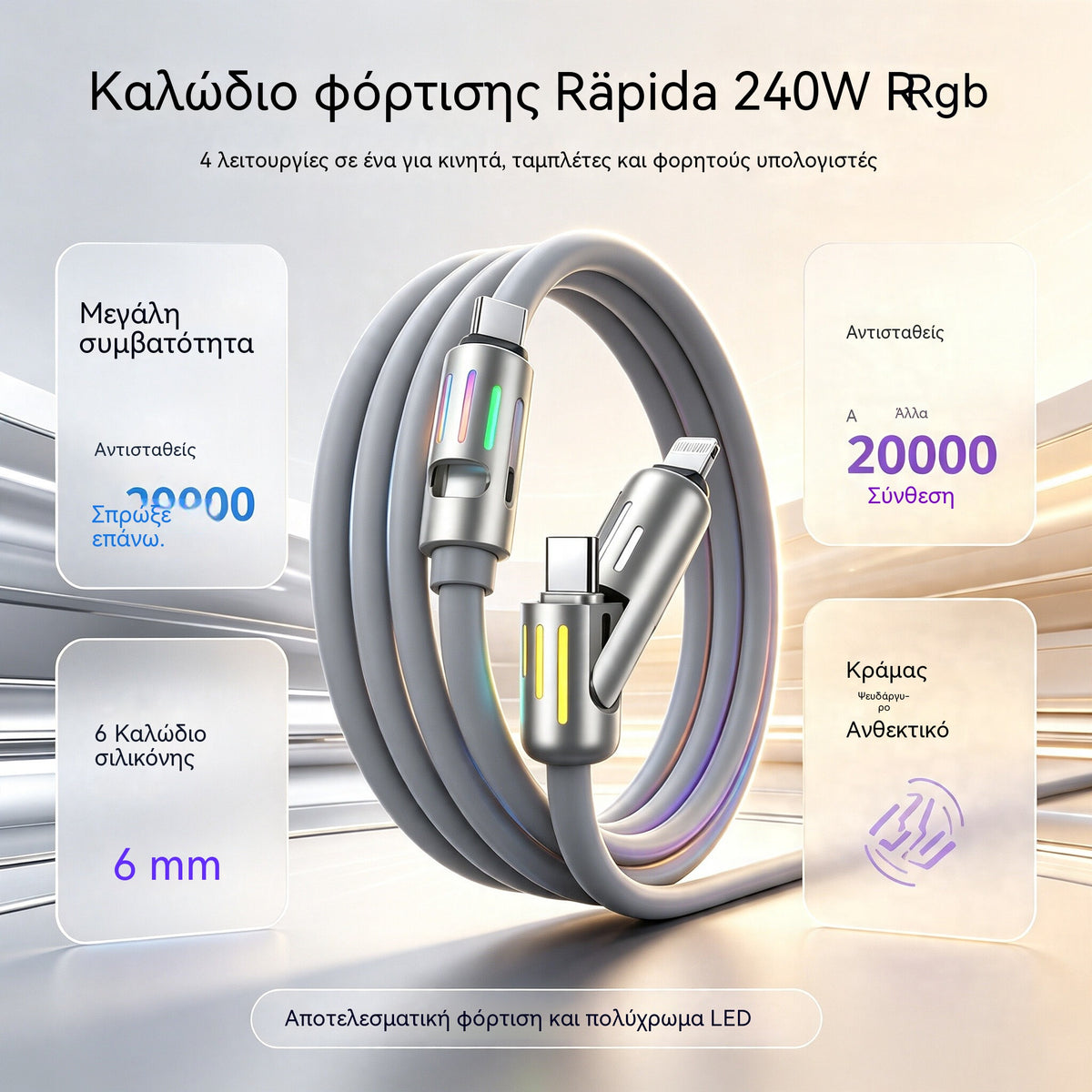 🔥 【2 τεμάχιο 27 ευρώ 】 🔥 (μήκος 2 μέτρα) Καλώδιο PD 240W 4 σε 1 – USB-C, Lightning και USB-A Γρήγορη φόρτιση, Αλουμίνιο και Σιλικόνη, Συγχρονισμός δεδομένων ⚡📱