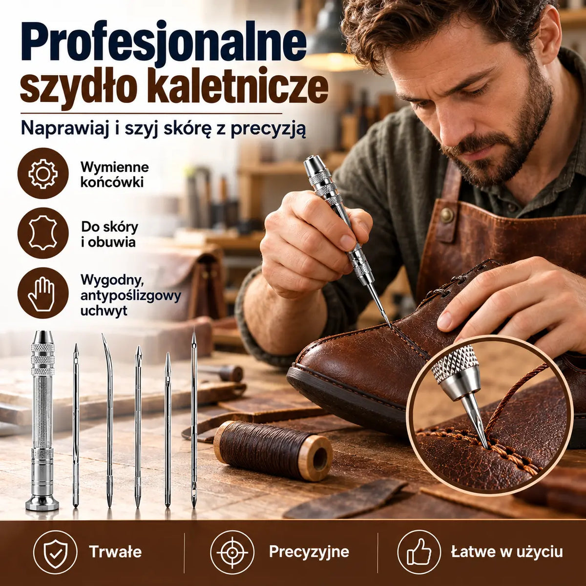🧵【2 zestawy za 89 zł.】👞 Zestaw 5 w 1 z wymiennymi igłami do szycia – Profesjonalny zestaw do naprawy obuwia i rękodzieła skórzanego 🛠️✨
