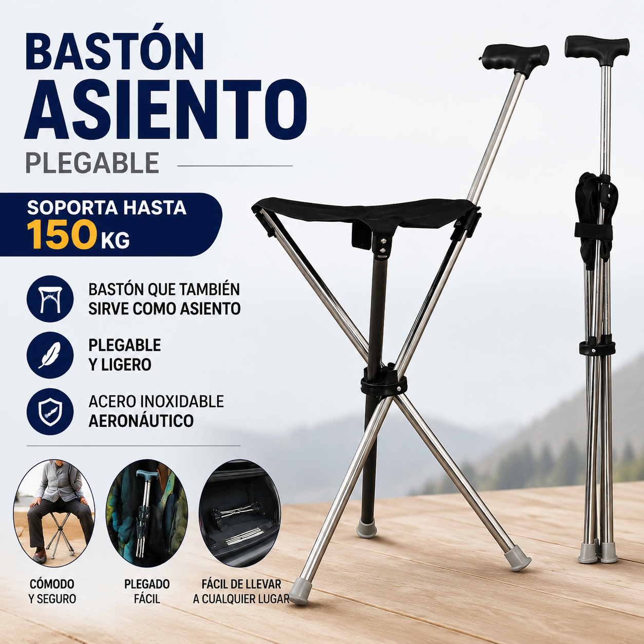 ✨Bastón plegable 2 en 1 con silla, Las muletas son anticaídas, plegables y portátiles✅