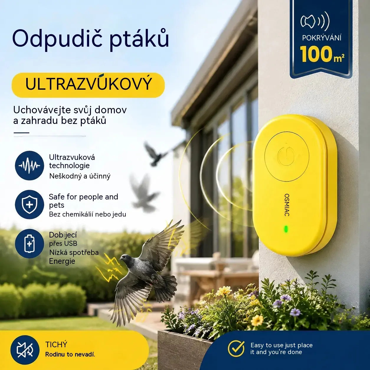 🐦 Přenosný ultrazvukový odpuzovač ptáků | Automatický odpuzovač holubů, ideální na balkony, zahrady a venkovní použití