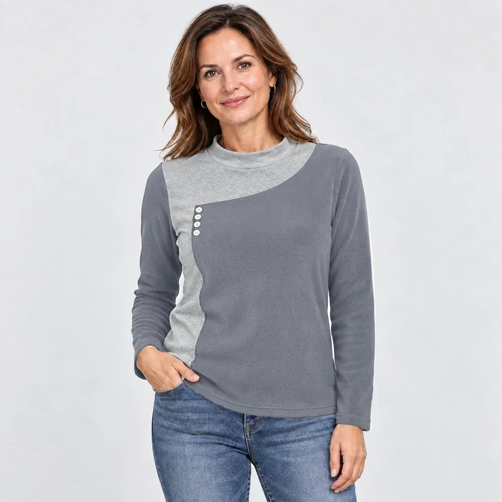 ✨【S-3XL / 6 kolorów】Bluzka ze stójką i ozdobnymi guzikami, w stylu color-block (lekki polar termiczny)