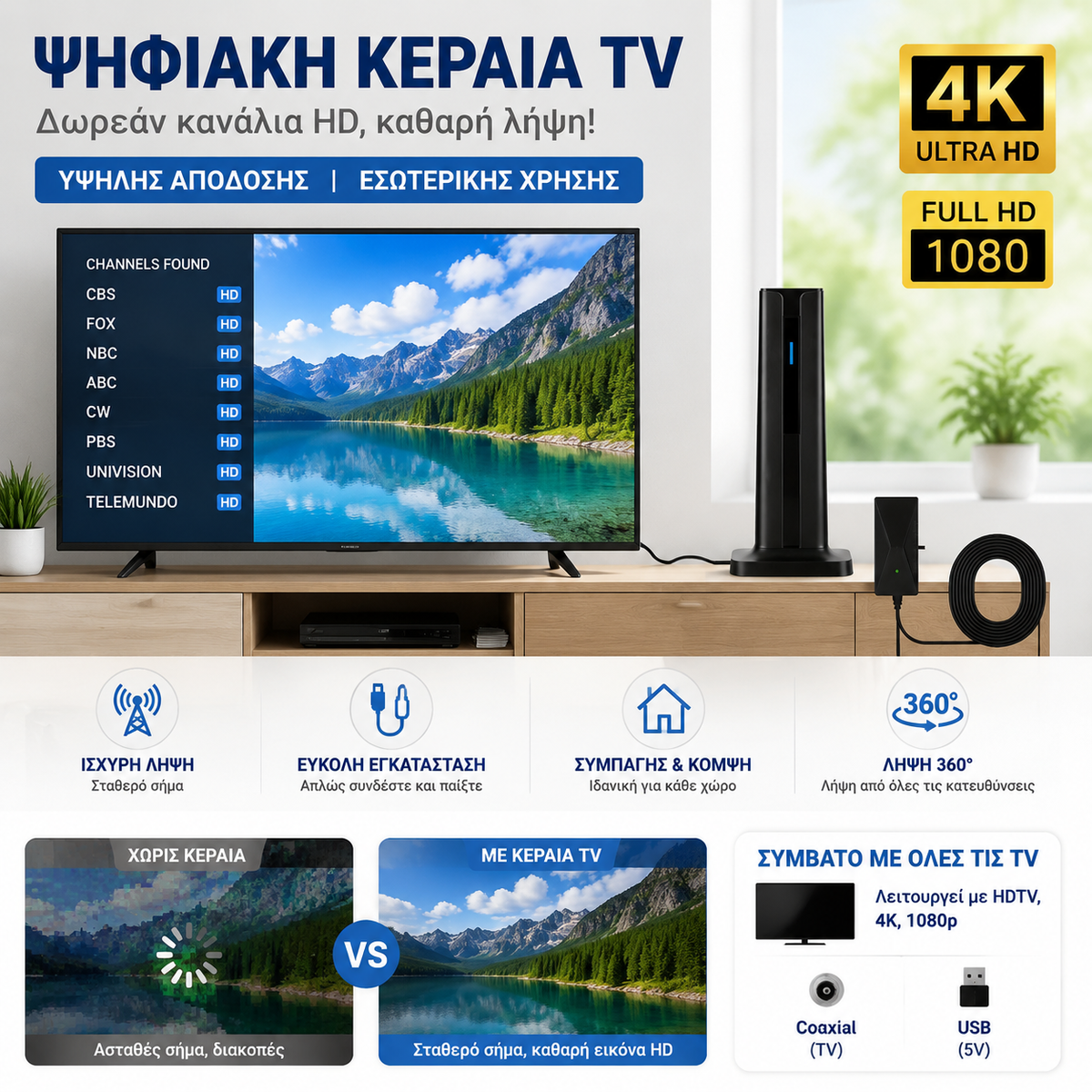 🔥Δέκτης ψηφιακής τηλεόρασης HD εσωτερικού χώρου🌐