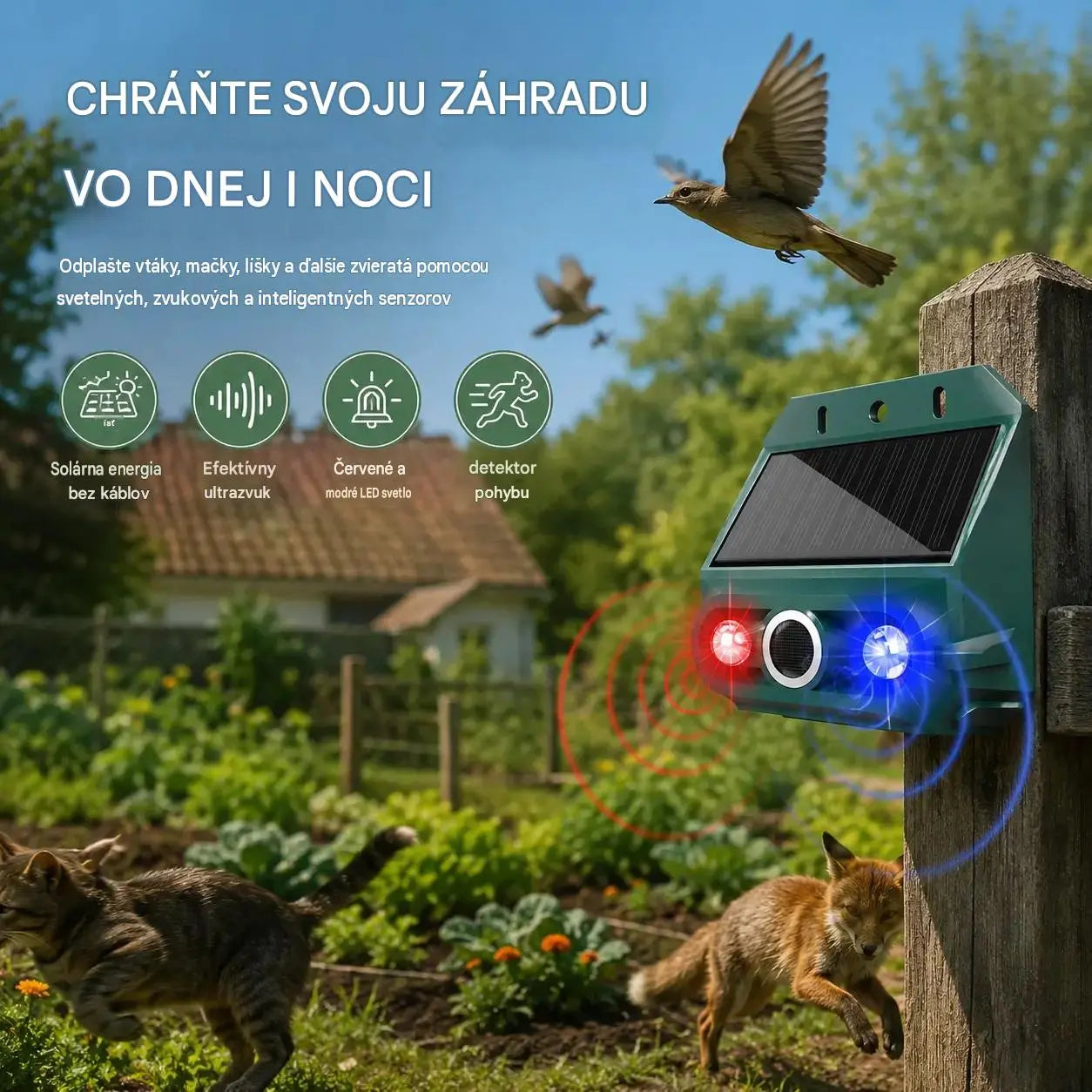 🔥【Špeciálna ponuka】🔥Vonkajší ultrazvukový solárny odpudzovač zvierat: Dokáže odpudzovať vtáky a zvieratá.
