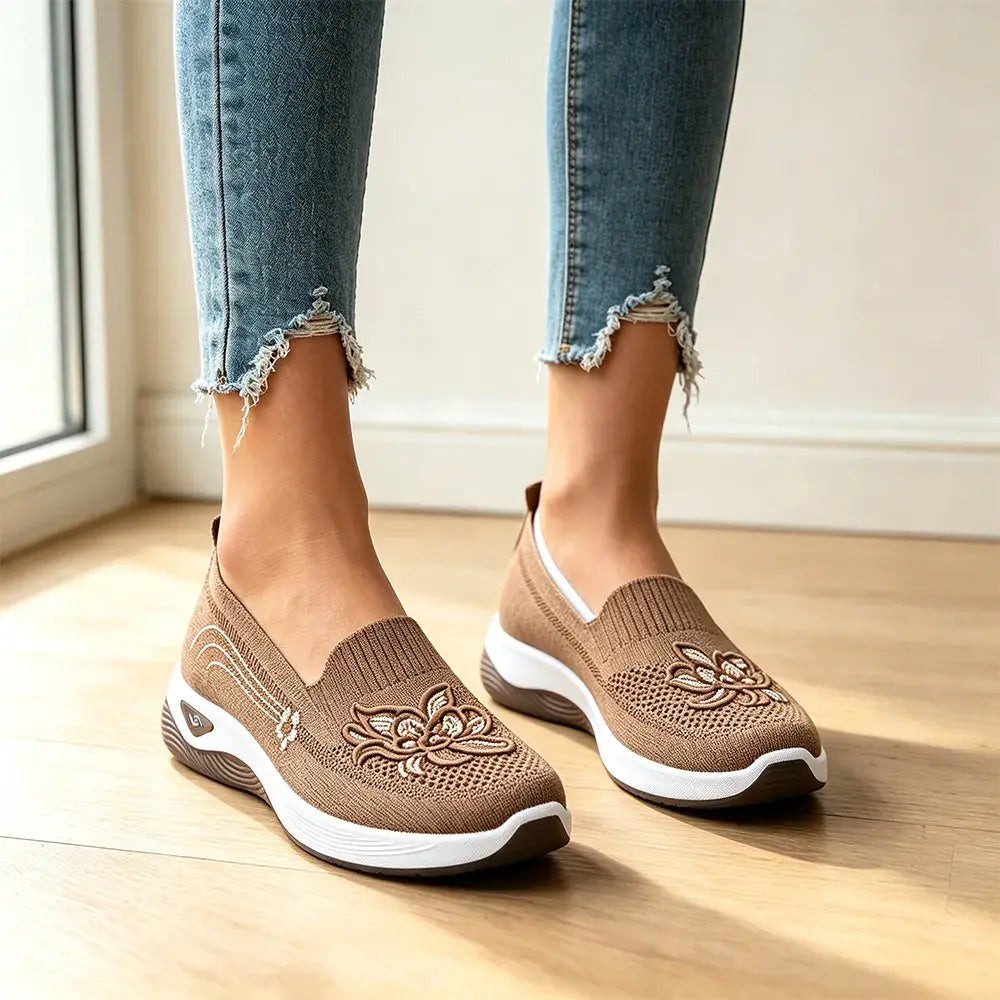 【35-43】👟 Damskie płaskie, haftowane, dzianinowe mokasyny – oddychające, antypoślizgowe, wsuwane buty – lekkie, wygodne, letnie buty do chodzenia
