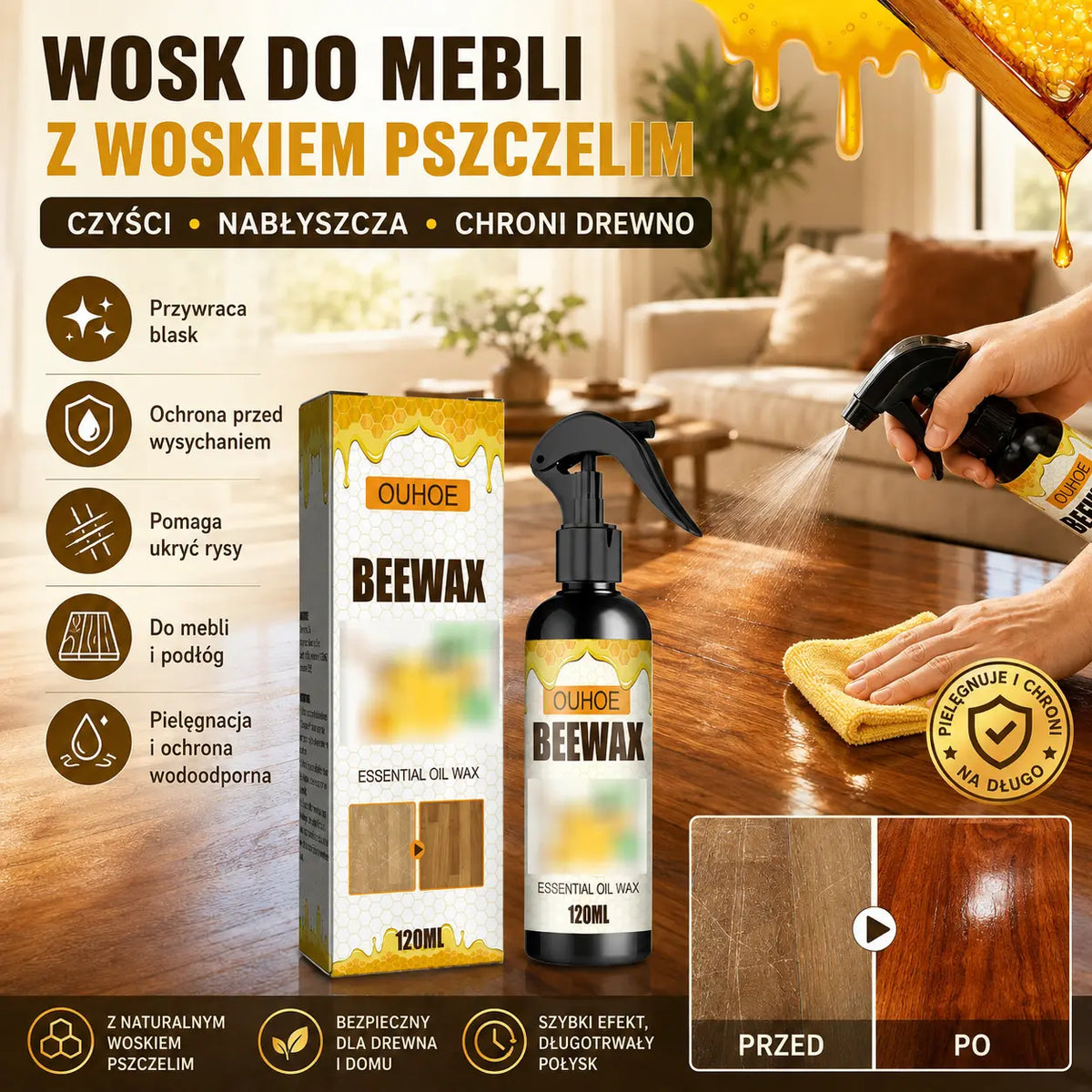 120 ml + gąbka + ściereczka——1 zestaw 89zł ✨Naturalny, mikrocząsteczkowy wosk pszczeli w sprayu do pielęgnacji mebli, konserwacji podłóg i polerowania.