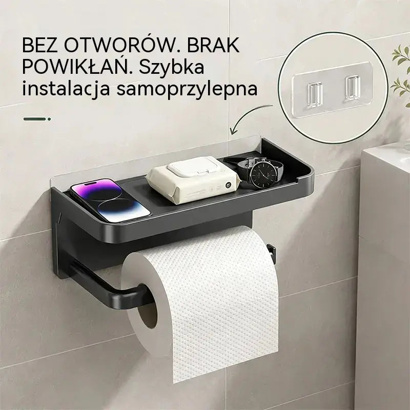 Uchwyt ścienny na papier toaletowy z akcesoriami, solidna podstawa, nowoczesna półka łazienkowa, łatwy w montażu, można w nim trzymać telefony komórkowe i inne przedmioty.