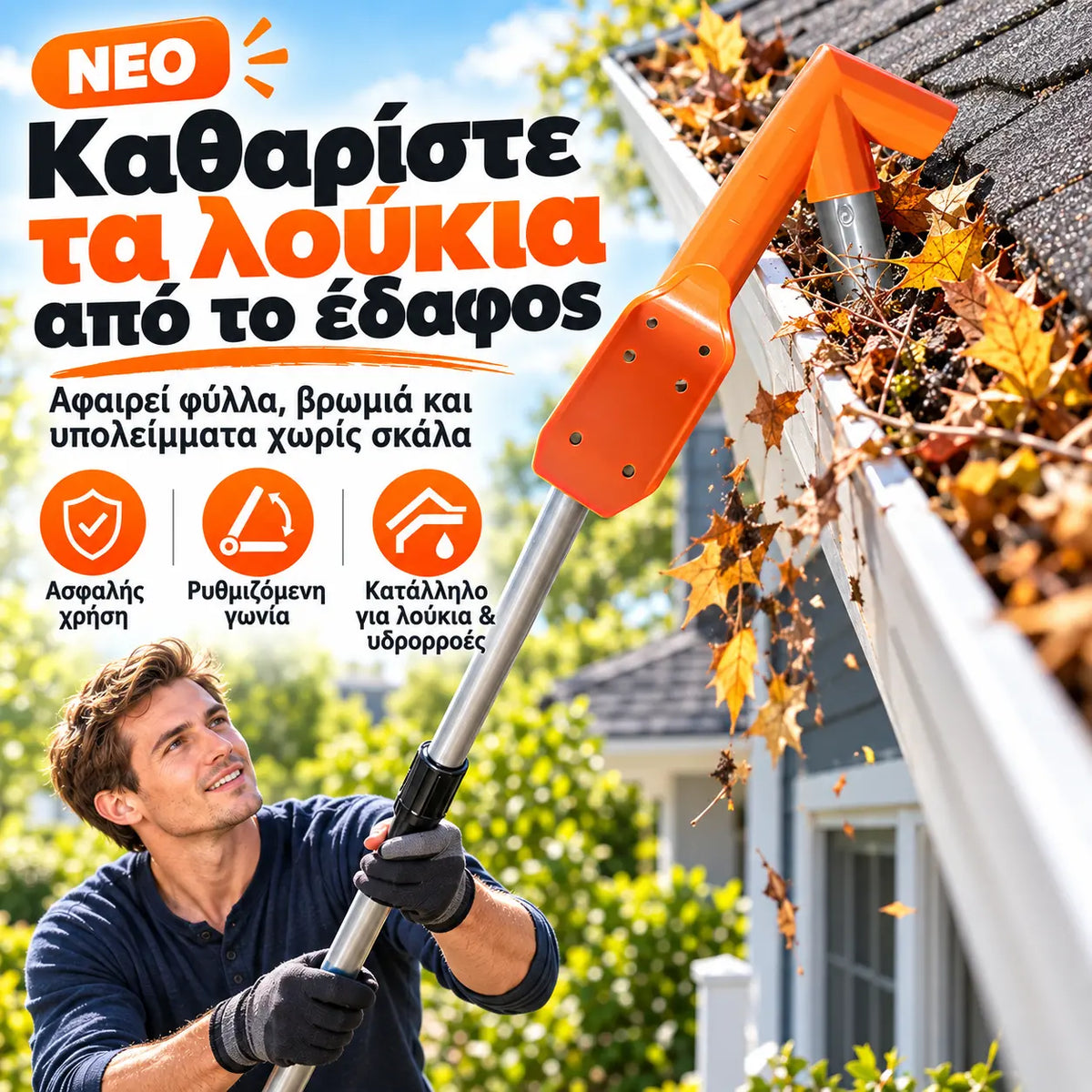 Άγκιστρο καθαρισμού + κοντάρι 4 τμημάτων (1,46 μέτρα)——31 ευρώ 🔧✨ Εργαλείο καθαρισμού υδρορροών (χωρίς ανάγκη αναρρίχησης)