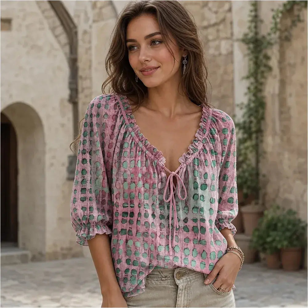 👚 Dámská boho košile – puntíky, volány, žebrované manžety 🌸 Lehká, prodyšná, měkká jako bavlna – ideální na léto! ✨