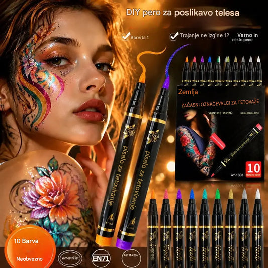 10 barv - 21 €✨Komplet 10 pisanih bleščečih markerjev za obraz in telo - prijazni do kože, odporni na znoj in dodajo bleščeč sijaj ✨