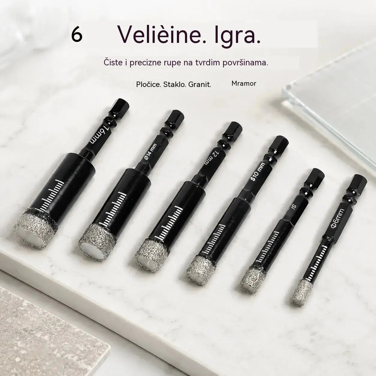 【6/8/10/12/14/16 mm Crna polirana glava】1 set za 23 € 🔩 Set od 6 dijamantnih svrdla za precizno bušenje pločica, keramike i stakla.