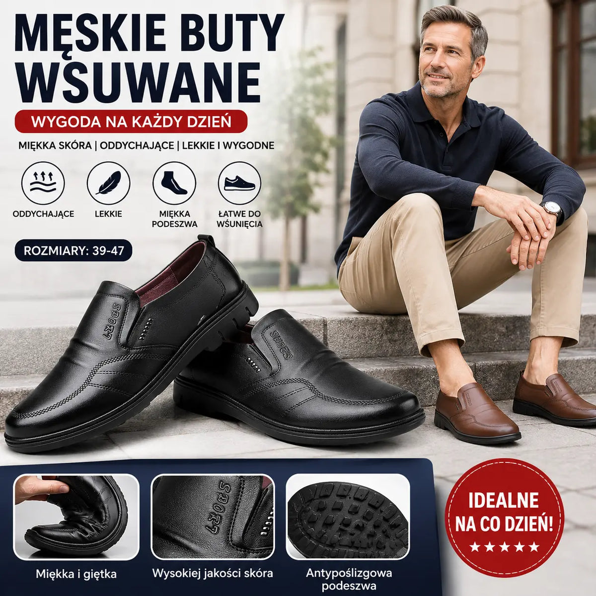🔥【39-44】--1 para 119  zł.👞Męskie buty biznesowe, wykonane z oryginalnej skóry, z wygodną miękką podeszwą, odpowiednie na wiele okazji.