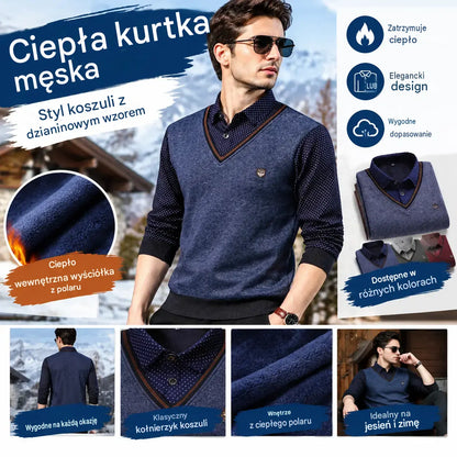 👨👔⛄🔥Nowy, ciepły męski płaszcz z polarową podszewką na jesień i zimę – model w stylu dzianinowego swetra, z kołnierzykiem koszulowym, zaprojektowany z myślą o mężczyznach w średnim i starszym wieku.