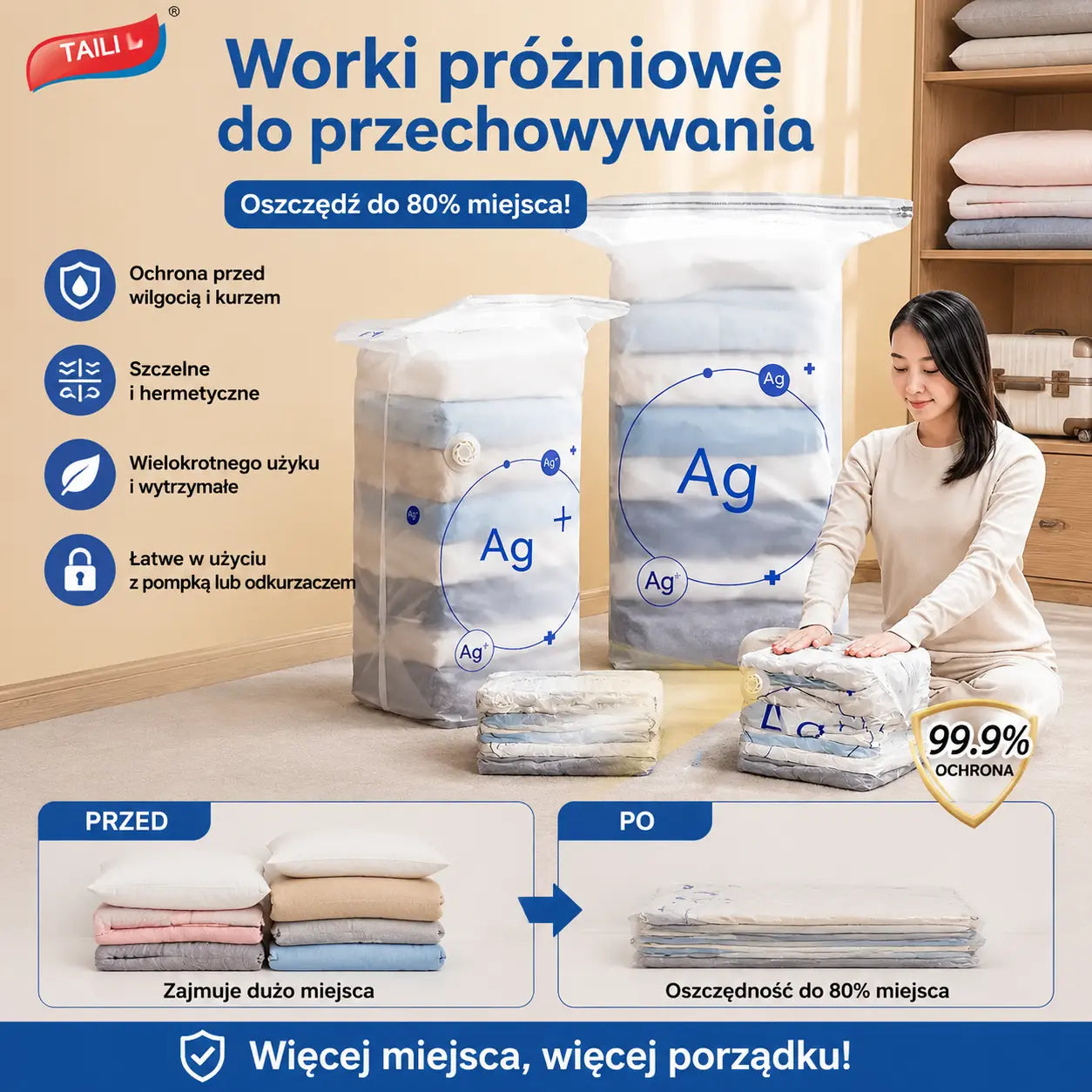【 5 artykułów za 119 】 Duży, kompresowalny worek próżniowy do przechowywania: nie wymaga pompki, szczelny i idealny do oszczędzania miejsca w walizkach i w domu