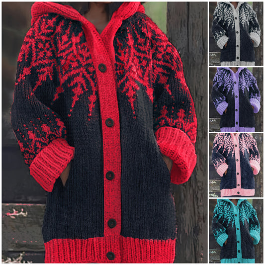 ⛄❄️【S~5XL】Elegantní retro bunda s kapucí pro ženy – Stylové barevné bloky a sněhové vločky pro zimní eleganci