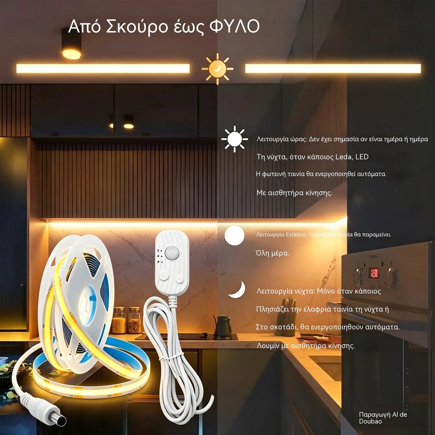 【2M】Λωρίδα φωτισμού LED με έξυπνο αισθητήρα και αυτόματο σύστημα φωτισμού, με αυτοκόλλητο USB, ιδανική για κουζίνες, υπνοδωμάτια και σκάλες.