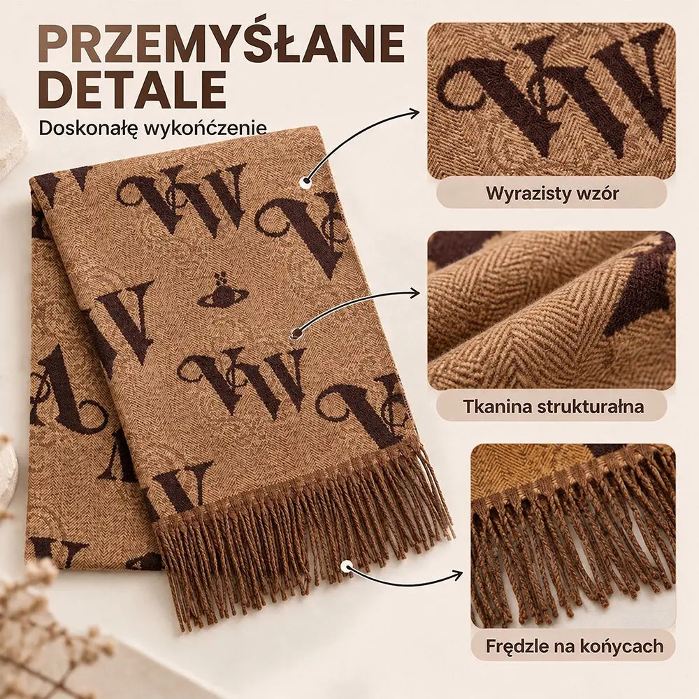 【68×180cm】Damski szal zimowy z literami – dwustronna peleryna, długi, żakardowy, ciepły, na jesień i zimę