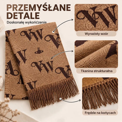【68×180cm】Damski szal zimowy z literami – dwustronna peleryna, długi, żakardowy, ciepły, na jesień i zimę