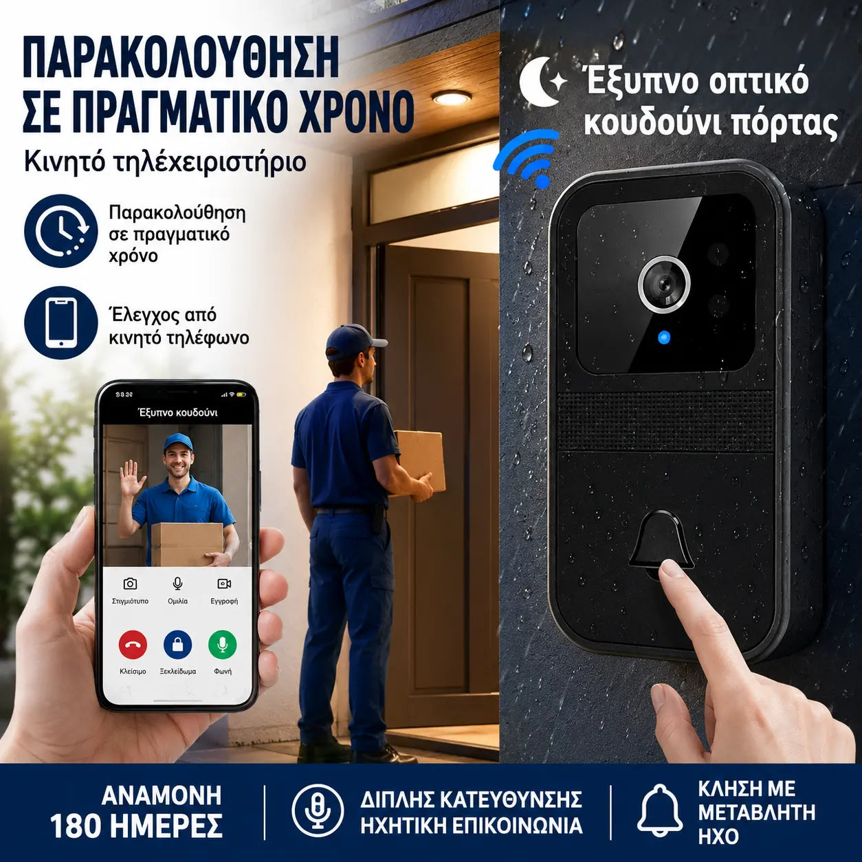 🏠📹📱Έξυπνο κουδούνι πόρτας με βίντεο, με δυνατότητα απομακρυσμένης εγγραφής βίντεο, αλλαγής φωνής, νυχτερινής όρασης υψηλής ευκρίνειας, κοινή χρήση εφαρμογών για οικογένειες, αυτόματη λήψη εικόνων και αποθήκευση στο cloud