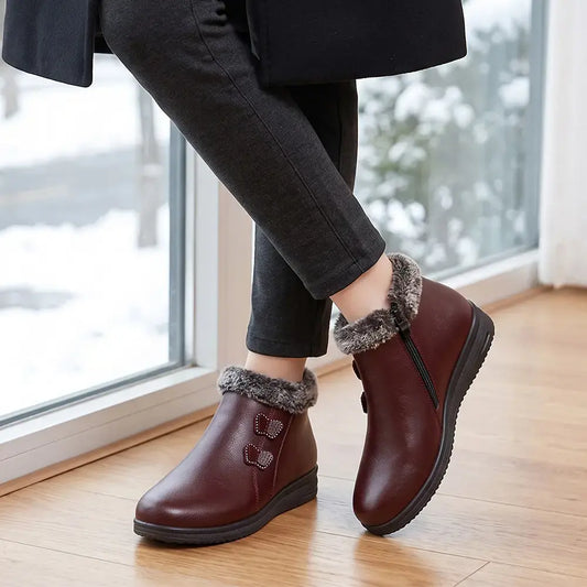 【35-41】Damskie buty zimowe dla seniorek – ocieplane, wodoodporne, antypoślizgowe, płaskie, krótkie botki, ze skóry
