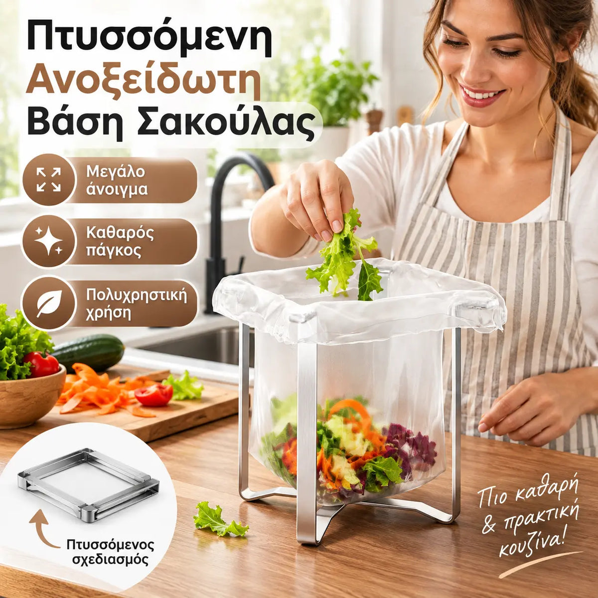 1 τεμάχιο 24 ευρώ 🗑️✨Πτυσσόμενη βάση από ανοξείδωτο ατσάλι για σακούλες απορριμμάτων, για την κουζίνα και το γραφείο