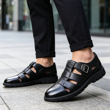 👞Męskie sandały z prawdziwej skóry z wycięciami｜Rozkładane, wygodne i o luksusowym wyglądzie