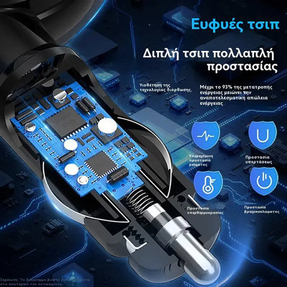 🔋📱7 σε 1 Ανασυρόμενος Γρήγορος Φορτιστής Αυτοκινήτου με Ένδειξη Τάσης – USB-C για Android και Lightning για Apple