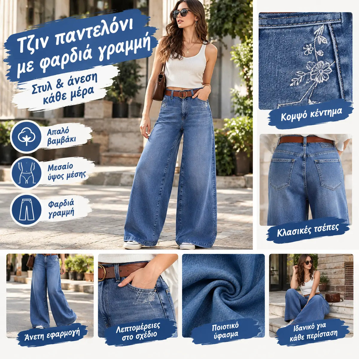 【S-2XL】50% έκπτωση + δωρεάν αποστολή✨ Γυναικείο vintage τζιν με ψηλή μέση και φαρδιά μπατζάκια