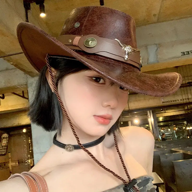 🤠Απολαύστε τώρα έκπτωση 50%! 🌟Ρετρό καπέλο καουμπόη με φαρδύ γείσο και λουράκι κουκούλας - Φεντόρα σε στιλ Western με φθαρμένη όψη