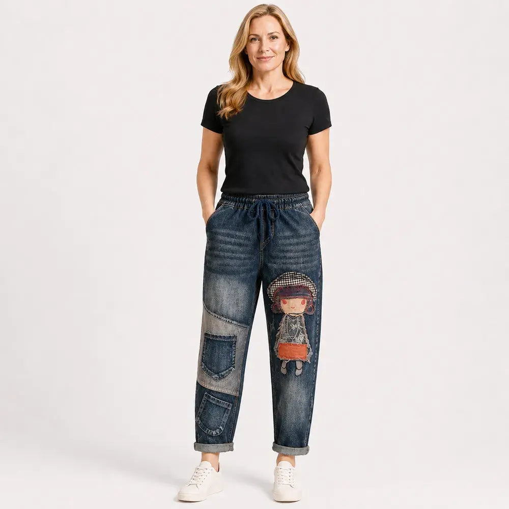 Damskie jeansy retro o luźnym kroju z aplikacją i elastycznym pasem – jeansy haremowe w niepowtarzalnym stylu (rozmiary S-5XL, 2 kolory) 👖✨🍂