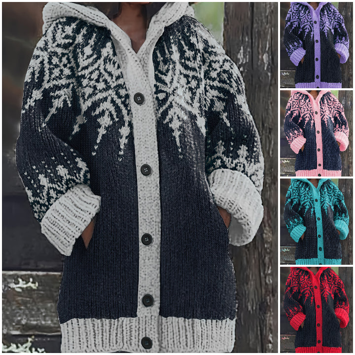 ⛄❄️【S~5XL】Elegantní retro bunda s kapucí pro ženy – Stylové barevné bloky a sněhové vločky pro zimní eleganci