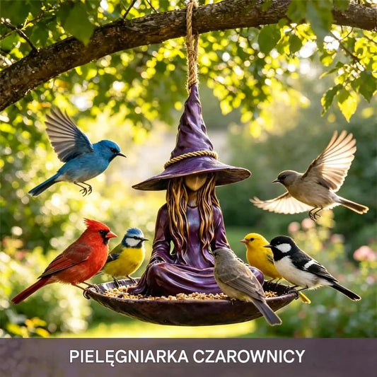 Wiszący karmnik dla ptaków „Medytująca czarownica”, kreatywna i magiczna dekoracja do ogrodu, na patio i podwórko, trwały materiał