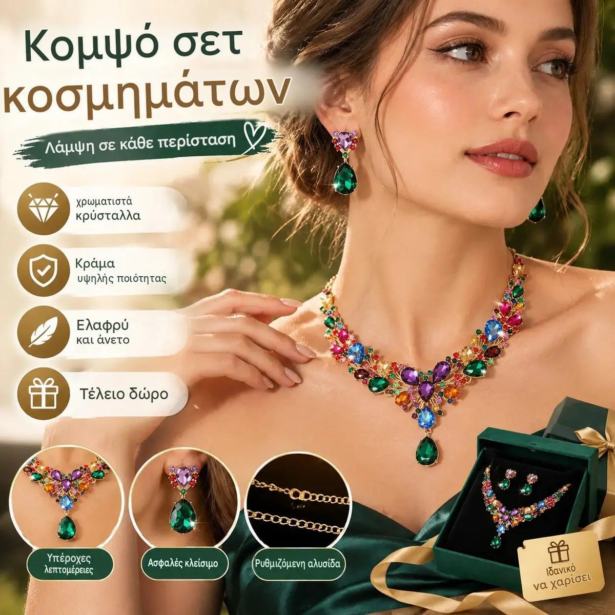 ✨【Κολιέ + Σκουλαρίκια】💖💎Νέο σετ κολιέ και σκουλαρίκια με πολύχρωμα κυβικά ζιργκόν.