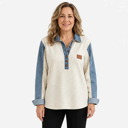 👚Koszula damska w stylu denim z patchworkiem – luźna bluzka z długim rękawem w kontrastowym kolorze – swobodna bluzka zapinana na guziki 2026