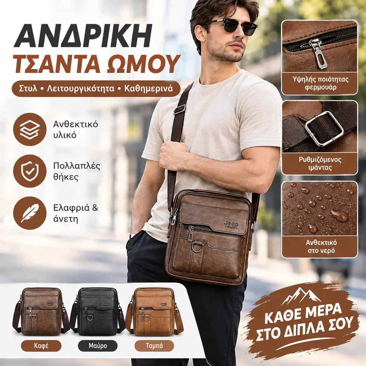 👜 Μοντέρνα καθημερινή τσάντα από δέρμα αγελάδας για άνδρες