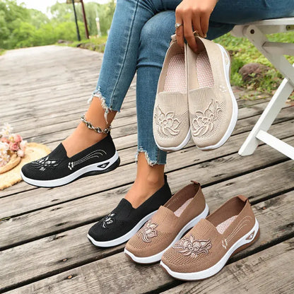 【35-43】👟 Damskie płaskie, haftowane, dzianinowe mokasyny – oddychające, antypoślizgowe, wsuwane buty – lekkie, wygodne, letnie buty do chodzenia